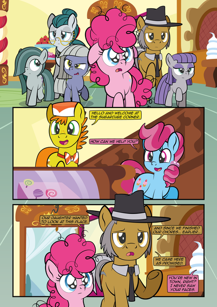 Size: 2482x3509 | Tagged: safe, artist:alexdti, derpibooru import, carrot cake, cloudy quartz, cup cake, igneous rock pie, limestone pie, marble pie, maud pie, pinkie pie, earth pony, pony, comic:how we met, g4, comic, dialogue, family, father and child, father and daughter, female, filly, filly limestone pie, filly marble pie, filly maud pie, filly pinkie pie, floppy ears, foal, hair over one eye, image, indoors, male, mare, mother and child, mother and daughter, open mouth, pie sisters, png, raised hoof, siblings, sisters, speech bubble, stallion, talking, twins, varying degrees of want, younger