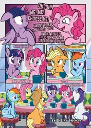 Size: 2482x3509 | Tagged: safe, artist:alexdti, derpibooru import, applejack, fluttershy, pinkie pie, rainbow dash, rarity, twilight sparkle, twilight sparkle (alicorn), alicorn, earth pony, pegasus, pony, unicorn, comic:how we met, g4, the ending of the end, applejack's hat, butt, comic, cowboy hat, dialogue, donut, female, floppy ears, folded wings, food, freckles, hat, horn, image, mane six, mare, my little pony, open mouth, open smile, partially open wings, plot, png, raised hoof, sitting, smiling, speech bubble, table, talking, wings