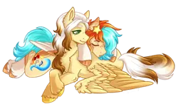 Size: 1280x783 | Tagged: safe, artist:kazmuun, derpibooru import, oc, unofficial characters only, pegasus, pony, blushing, chest fluff, cuddling, duo, female, fluffy, freckles, image, lying down, mare, pegasus oc, png, prone, simple background, sleeping, smiling, transparent background, unshorn fetlocks, wings