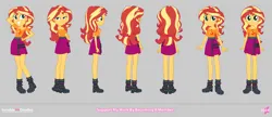 Size: 4900x2111 | Tagged: safe, alternate version, artist:invisibleink, derpibooru import, sunset shimmer, human, equestria girls, g4, boots, clothes, cutie mark, cutie mark on clothes, female, geode of empathy, gray background, hand on hip, image, magical geodes, png, reference sheet, shirt, shoes, simple background, skirt, turnaround