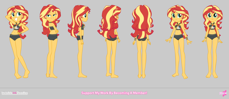 Size: 4900x2111 | Tagged: safe, alternate version, artist:invisibleink, derpibooru import, sunset shimmer, human, equestria girls, g4, barefoot, belly, belly button, bikini, bracelet, bunset shimmer, butt, clothes, equestria girls specials, feet, female, geode of empathy, gray background, hand on hip, image, jewelry, magical geodes, my little pony equestria girls: forgotten friendship, png, reference sheet, simple background, swimsuit