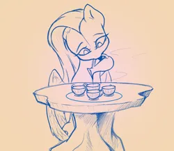 Size: 2300x2000 | Tagged: safe, artist:naafreelanceartist, derpibooru import, fluttershy, pegasus, pony, g4, cup, female, image, jpeg, mare, mouth hold, pitcher, pouring, sitting, sketch, solo, table, teacup