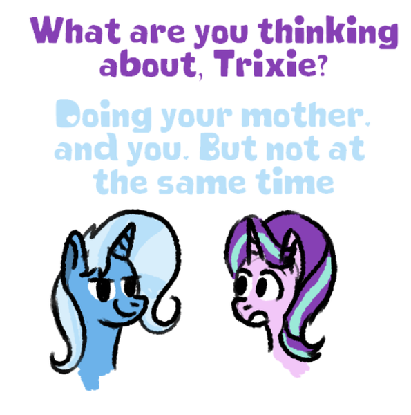 Size: 632x637 | Tagged: suggestive, artist:zoeyhorse, derpibooru import, starlight glimmer, trixie, pony, unicorn, g4, bust, dialogue, duo, duo female, female, horn, image, implied sex, lesbian, lidded eyes, png, shipping, smiling, smug, smug smile, startrix