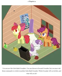 Size: 623x768 | Tagged: safe, derpibooru import, apple bloom, scootaloo, sweetie belle, earth pony, pegasus, pony, unicorn, g4, apple, book, clubhouse, crusaders clubhouse, cutie mark crusaders, female, filly, foal, food, horn, image, png, poster, scootaloo's big adventure, wonderbolts