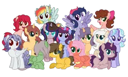 Size: 6000x3600 | Tagged: safe, artist:bemorebroadway, derpibooru import, oc, oc:astral spark, oc:camellia, oc:candy apple, oc:carnival fête, oc:carnival sprinkles, oc:dusty autumn, oc:julep illusion, oc:kanzi crisp, oc:luster volt, oc:nanobyte, oc:rainbow aura, oc:sanguine chiffon, oc:spirited justice, oc:static whirlwind, oc:winter jade, unofficial characters only, alicorn, bat pony, bat pony alicorn, earth pony, pegasus, pony, undead, unicorn, vampire, vampony, g4, absurd resolution, base used, bat pony oc, bat wings, bite mark, blank flank, bow, crossover, crossover ship offspring, earth pony oc, female, flying, folded wings, freckles, gradient mane, hair bow, hair over eyes, heterochromia, horn, image, interspecies offspring, magical lesbian spawn, male, mare, mare oc, multicolored hair, next generation, offspring, parent:applejack, parent:astarion, parent:big macintosh, parent:cheese sandwich, parent:fluttershy, parent:leshy, parent:phantom r, parent:pinkie pie, parent:rainbow dash, parent:rarity, parent:ryuji sakamoto, parent:sci-twi, parent:starlight glimmer, parent:sunset shimmer, parent:the squip, parent:trixie, parent:twilight sparkle, parent:wolverine, parents:cheesepie, parents:fluttermac, parents:rarijack, parents:scitwishimmer, parents:startrix, parents:twidash, pegasus oc, png, rainbow hair, scar, simple background, spread wings, sprinkles in mane, stallion oc, standing, torn ear, transparent background, unicorn oc, unshorn fetlocks, wings