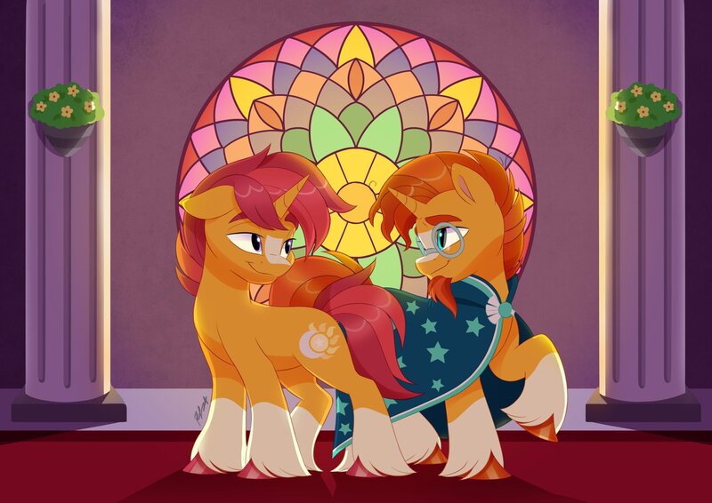 Size: 2048x1448 | Tagged: safe, artist:haruh_ink, derpibooru import, sunburst, oc, oc:sundial, pony, unicorn, g4, cloak, clothes, duo, duo male, horn, image, jpeg, male, stallion