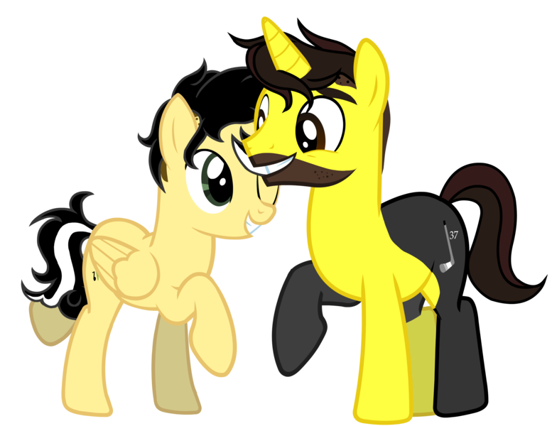 Size: 4000x3087 | Tagged: safe, artist:alicesponycorner, derpibooru import, oc, oc:alice azalea, unofficial characters only, pegasus, pony, unicorn, g4, beard, boston bruins, couple, duo, duo male and female, eyebrows, facial hair, female, hockey, horn, ice hockey, image, male, mare, nhl, one eye closed, one eye open, patrice bergeron, pegasus oc, png, raised hoof, shipping, show accurate, smiling, sports, stallion, unicorn oc, wings