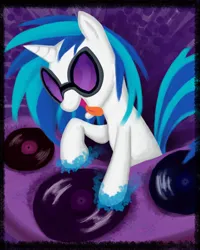 Size: 2400x3000 | Tagged: safe, artist:designer-moje, derpibooru import, vinyl scratch, unicorn, g4, female, horn, image, jpeg, record, solo, tongue out, turntable, vinyl's glasses