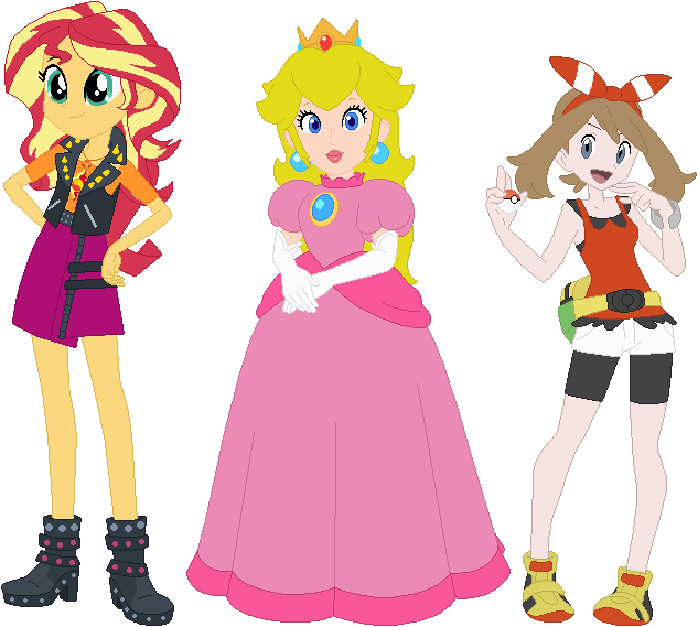 Size: 633x569 | Tagged: safe, artist:sturk-fontaine, derpibooru import, sunset shimmer, human, equestria girls, g4, base used, crossover, crown, female, geode of empathy, image, jewelry, magical geodes, may (pokémon), png, poké ball, pokémon, pokémon omega ruby and alpha sapphire, princess peach, puffy sleeves, regalia, simple background, super mario, super mario bros., trio, trio female, white background