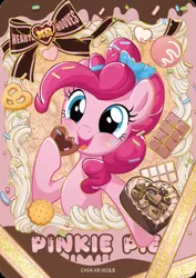 Size: 1320x1860 | Tagged: safe, derpibooru import, official, pinkie pie, earth pony, pony, g4, blushing, candy, card, chocolate, cookie, eating, english, food, heart, hearts and hooves day, holiday, image, jpeg, kayou, looking at you, merchandise, open mouth, open smile, smiling, solo, standing on two hooves, text, valentine's day