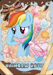 Size: 1320x1864 | Tagged: safe, derpibooru import, official, rainbow dash, pegasus, pony, g4, balloon, candy, card, chocolate, clothes, cookie, english, food, heart, hearts and hooves day, holiday, image, jpeg, kayou, looking at someone, merchandise, raised hoof, scarf, smiling, solo, standing on two hooves, text, valentine's day