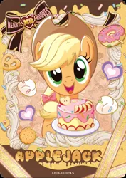 Size: 1320x1864 | Tagged: safe, derpibooru import, official, applejack, earth pony, pony, g4, cake, candy, card, chocolate, cookie, donut, english, food, heart, hearts and hooves day, holiday, image, jpeg, kayou, looking at someone, looking at you, merchandise, open mouth, open smile, smiling, solo, standing on two hooves, text, valentine's day