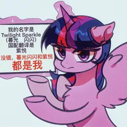 Size: 2048x2048 | Tagged: safe, artist:tkotu434, derpibooru import, twilight sparkle, twilight sparkle (alicorn), alicorn, pony, g4, bust, chest fluff, chinese text, female, frown, furrowed brow, glow, glowing horn, horn, image, jpeg, levitation, looking at you, magic, mare, moon runes, sign, simple background, solo, spread wings, telekinesis, underhoof, white background, wings