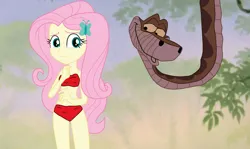 Size: 1280x762 | Tagged: safe, artist:remifan, derpibooru import, fluttershy, human, snake, equestria girls, g4, butterfly hairpin, cute, duo, female, forest, image, jpeg, jungle, kaa, lidded eyes, looking at each other, looking at someone, male, nature, shyabetes, smiling, tree, unsure