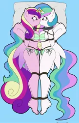 Size: 1325x2048 | Tagged: suggestive, artist:ryuseihikari, ponerpics import, princess cadance, princess celestia, anthro, bikini, clothes, duo, duo female, feet, female, image, jpeg, kissing, looking at each other, swimsuit