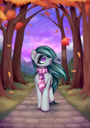 Size: 3507x4960 | Tagged: safe, alternate version, artist:lina, derpibooru import, marble pie, earth pony, pony, g4, alley, big eyes, clothes, detailed background, falling leaves, female, forest, full body, image, leaf, leaves, looking up, mare, mountain, nature, png, road, scarf, smiling, tree, walking