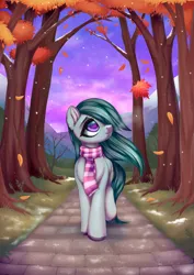 Size: 3507x4960 | Tagged: safe, artist:lina, derpibooru import, marble pie, earth pony, pony, g4, alley, big eyes, clothes, detailed background, falling leaves, female, forest, full body, image, leaf, leaves, looking up, mare, mountain, nature, png, road, scarf, smiling, snow, tree, walking