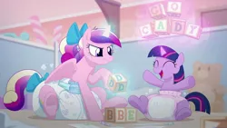 Size: 2048x1154 | Tagged: source needed, safe, artist:jupiters, derpibooru import, princess cadance, twilight sparkle, alicorn, pony, unicorn, g4, air pushed out of diaper, blocks, blue bow, bow, cute, cutedance, diaper, duo, duo female, eyes closed, female, filly, filly twilight sparkle, glow, glowing horn, hair bow, happy, horn, image, indoors, jpeg, looking at something, magic, non-baby in diaper, open mouth, open smile, playpen, plushie, poofy diaper, sisters-in-law, sitting, smiling, spread wings, straining, sweat, sweatdrop, tail, tail bow, teddy bear, teen princess cadance, telekinesis, twiabetes, unicorn twilight, wall of tags, wavy mouth, wings, younger