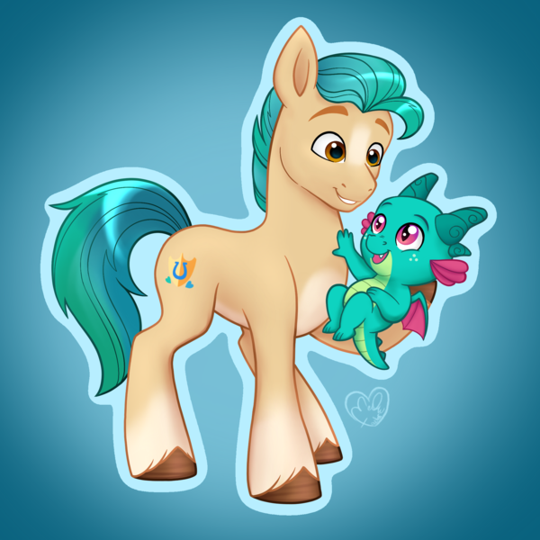 Size: 2048x2048 | Tagged: safe, artist:lightningchaser2000, derpibooru import, hitch trailblazer, sparky sparkeroni, dragon, earth pony, pony, g5, baby, baby dragon, duo, duo male, gradient background, holding a dragon, image, male, papa hitch, png, stallion