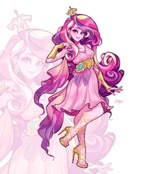 Size: 1662x2048 | Tagged: safe, artist:libbly_libby, derpibooru import, kotobukiya, princess cadance, human, g4, belt, blushing, bracelet, clothes, crown, female, high heels, humanized, image, jewelry, jpeg, kotobukiya princess cadance, long hair, looking at you, pink dress, pink hair, regalia, shoes, simple background, smiling, smiling at you, socks, solo, solo female, stockings, thigh highs