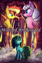 Size: 2000x3000 | Tagged: safe, artist:littletigressda, derpibooru import, sunset shimmer, alicorn, pony, unicorn, fanfic, fanfic:forgotten, g4, g5, bridlewood, butt, caption, crepuscular rays, fanfic art, fanfic cover, female, forest, high res, horn, image, looking at each other, looking at someone, mare, misty brightdawn, mistybutt, nature, opaline arcana, outdoors, plot, png, scenery, text, tree, trio, trio female