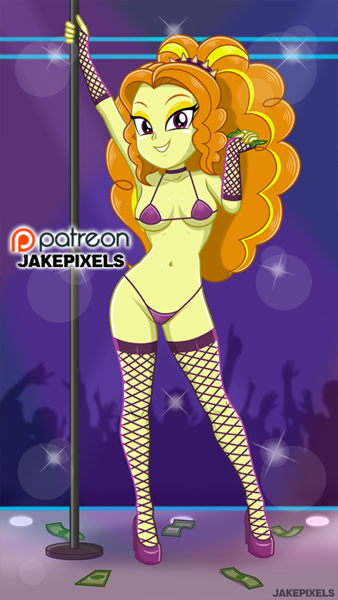 Size: 473x840 | Tagged: suggestive, artist:jakepixels, derpibooru import, adagio dazzle, human, equestria girls, g4, bra, breasts, clothes, female, female focus, fishnet clothing, fishnet gloves, fishnets, gloves, group, high heels, image, looking at you, money, panties, patreon, patreon logo, png, shoes, smiling, smiling at you, socks, solo focus, stockings, strip club, stripper pole, stupid sexy adagio dazzle, thigh highs, underwear