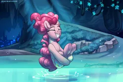 Size: 3000x2000 | Tagged: safe, artist:jedayskayvoker, derpibooru import, pinkie pie, earth pony, pony, g4, cannonball, cave, commission, detailed background, eyes closed, female, image, jumping, lake, mirror pool, png, smiling, solo, vegetation, water