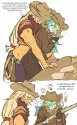 Size: 1262x2048 | Tagged: safe, artist:zerdasher, derpibooru import, applejack, rainbow dash, human, equestria girls, g4, appledash, comic, cowboy hat, duo, duo female, female, gun, hat, image, jpeg, lesbian, midriff, muscles, muscular female, shipping, shotgun, simple background, speech bubble, tomboy, vulgar, weapon, white background