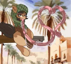 Size: 5000x4500 | Tagged: suggestive, artist:tonguetiedpony, derpibooru import, oc, oc:zahra, unofficial characters only, earth pony, pony, arabic, blushing, clothes, desert, drool, drool string, female, heart, image, impossibly long tongue, long tongue, looking at you, mare, png, prehensile tongue, scarf, solo, tongue out, tongue play