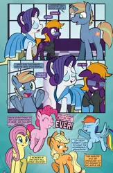 Size: 1920x2948 | Tagged: safe, artist:alexdti, derpibooru import, applejack, fluttershy, pinkie pie, rainbow dash, rarity, oc, oc:brainstorm (alexdti), oc:purple creativity, pony, comic:quest for friendship retold, g4, clothes, dress, image, png, tuxedo