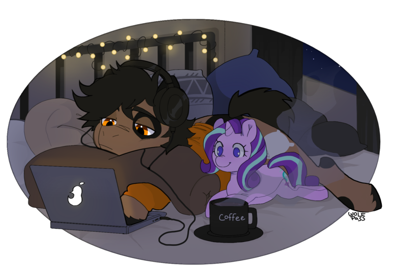 Size: 1774x1226 | Tagged: safe, artist:wolfpass, derpibooru import, starlight glimmer, oc, oc:snore, earth pony, pony, unicorn, g4, bed, bedroom, brown coat, canon x oc, clothes, coffee, commission, computer, headphones, hoodie, horn, image, laptop computer, lying down, male, mug, night, pillow, plushie, png, relaxed, shipping, simple background, solo, stallion, tired, ych result