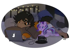 Size: 1774x1226 | Tagged: safe, artist:wolfpass, derpibooru import, starlight glimmer, oc, oc:snore, earth pony, pony, unicorn, g4, bed, bedroom, brown coat, canon x oc, clothes, coffee, commission, computer, headphones, hoodie, horn, image, laptop computer, lying down, male, mug, night, pillow, plushie, png, relaxed, shipping, simple background, solo, stallion, tired, ych result