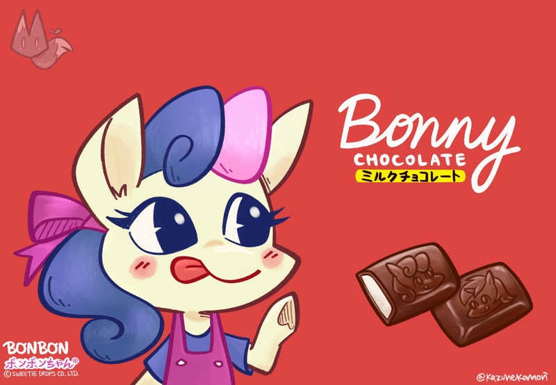 Size: 2600x1800 | Tagged: safe, artist:kazunekomori, derpibooru import, bon bon, lyra heartstrings, sweetie drops, ponified, earth pony, pony, g4, :p, apron, blushing, bust, chocolate, clothes, design, food, high res, image, japanese, jpeg, moon runes, packaging, peko-chan, simple background, solo, tongue out, watermark