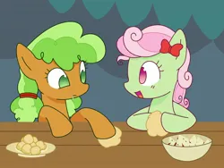 Size: 2048x1536 | Tagged: safe, artist:backgroundmares, derpibooru import, apple brown betty, florina tart, earth pony, pony, g4, apple family member, bow, bowl, drool, duo, duo female, female, food, image, jpeg, mare, open mouth, open smile, plate, smiling, table