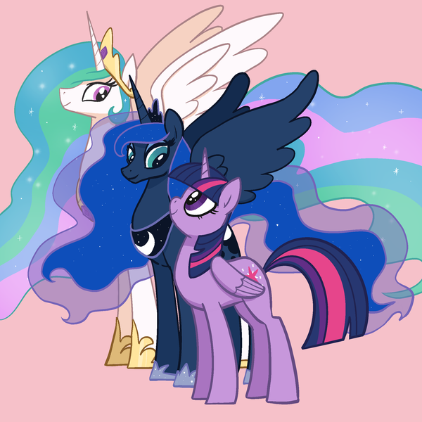 Size: 2048x2048 | Tagged: safe, artist:pfeffaroo, derpibooru import, part of a set, princess celestia, princess luna, twilight sparkle, twilight sparkle (alicorn), alicorn, pony, g4, female, flowing mane, folded wings, height difference, high res, hoof shoes, image, jewelry, line-up, long legs, looking at each other, looking at someone, looking down, looking up, mare, peytral, pink background, png, princess shoes, profile, regalia, simple background, size difference, slender, smiling, spread wings, standing, tall, thin, trio, trio female, wings