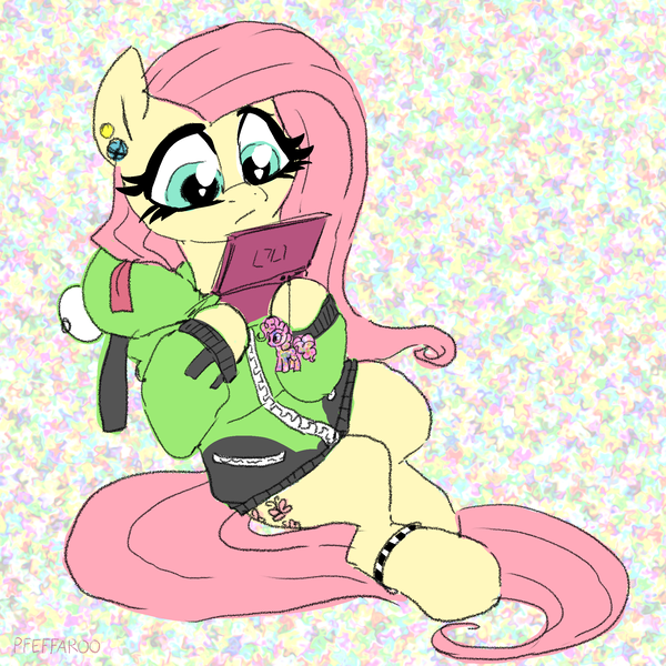 Size: 2048x2048 | Tagged: safe, artist:pfeffaroo, derpibooru import, fluttershy, pinkie pie, pegasus, pony, g4, abstract background, anklet, antonymph, clothes, cutiemarks (and the things that bind us), ear piercing, fluttgirshy, gir, high res, hoodie, hoof hold, image, invader zim, jewelry, keychain, nintendo ds, piercing, png, solo, vylet pony