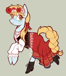 Size: 1536x1773 | Tagged: safe, artist:cowboypony, derpibooru import, oc, unnamed oc, unofficial characters only, earth pony, pony, braid, braided tail, clothes, commission, dress, earth pony oc, female, flower, flower in hair, freckles, green background, image, looking at you, mare, png, poland, shoes, simple background, solo, tail