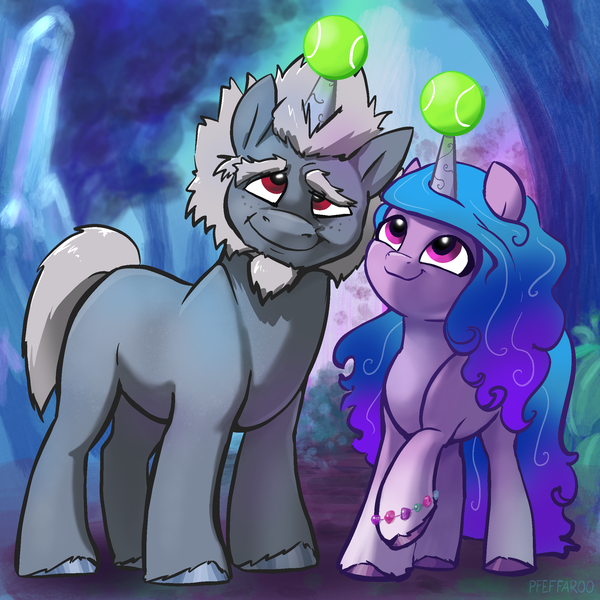 Size: 2090x2090 | Tagged: safe, artist:pfeffaroo, derpibooru import, alphabittle (g5), izzy moonbow, pony, unicorn, g5, ball, bracelet, cute, duo, duo male and female, female, high res, horn, horn impalement, hornball, image, izzy's tennis ball, izzybetes, jewelry, looking up, male, mare, png, raised hoof, smiling, stallion, tennis ball, unshorn fetlocks