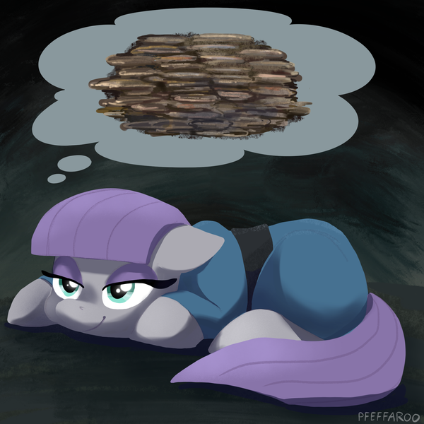 Size: 2048x2048 | Tagged: safe, artist:pfeffaroo, derpibooru import, maud pie, earth pony, pony, g4, female, high res, image, lying down, mare, png, prone, rock, smiling, solo, that pony sure does love rocks, thought bubble, when she smiles