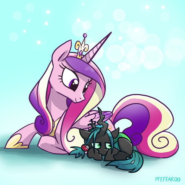 Size: 2048x2048 | Tagged: safe, artist:pfeffaroo, derpibooru import, part of a set, princess cadance, queen chrysalis, alicorn, changeling, nymph, pony, g4, crown, cute, cutealis, cutedance, duo, duo female, female, filly, filly queen chrysalis, foal, folded wings, high res, hoof shoes, horn, image, jewelry, lidded eyes, lying down, mama cadence, mare, peytral, png, princess shoes, prone, regalia, shadow, signature, smiling, wings, younger