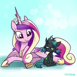 Size: 2048x2048 | Tagged: safe, artist:pfeffaroo, derpibooru import, part of a set, princess cadance, queen chrysalis, alicorn, changeling, nymph, pony, g4, crown, cute, cutealis, cutedance, duo, duo female, female, filly, filly queen chrysalis, foal, folded wings, frown, high res, hoof shoes, horn, image, jewelry, mama cadence, mare, peytral, png, princess shoes, regalia, shadow, signature, smiling, wings, younger