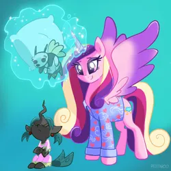 Size: 2262x2259 | Tagged: safe, artist:pfeffaroo, derpibooru import, princess cadance, queen chrysalis, alicorn, bugbear, insect, ladybug, nymph, pony, g4, bedtime, changeling horn, clothes, colored wings, crossed hooves, duo, duo female, ear piercing, earring, eyes closed, female, filly, filly queen chrysalis, foal, frown, glow, glowing horn, gradient background, gradient wings, green background, heart, heart print, high res, horn, image, jewelry, levitation, long horn, magic, magic aura, mama cadence, mare, multicolored hair, nightgown, pajamas, parenting, piercing, pillow, plushie, png, pouting, signature, simple background, sitting, smiling, smirk, spread wings, standing, telekinesis, turned away, wings, younger