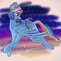 Size: 926x926 | Tagged: safe, artist:arsoniist, derpibooru import, rainbow dash, oc, oc:thunder cloud, pegasus, pony, g4, 2019, duo, duo female, female, filly, flying, foal, image, jpeg, mare, mother and child, mother and daughter, offspring, outdoors, parent:rainbow dash, parent:soarin', parents:soarindash, riding, riding a pony, smiling, tail