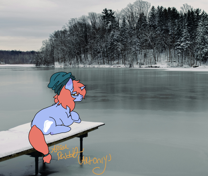 Size: 1113x942 | Tagged: safe, artist:arsonrabbit, derpibooru import, oc, oc:snow blanket, unofficial characters only, pony, unicorn, g4, beanie, blue coat, brown eyes, crossed hooves, day, digital art, female, forest, forest background, hat, horn, image, lake, looking at you, looking back, lying down, mare, nature, orange hair, orange mane, orange tail, outdoors, pier, png, real life background, signature, sky, solo, tail, tied tail, tree, unicorn oc, water, winter