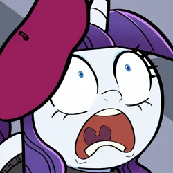 Size: 1500x1500 | Tagged: safe, artist:talimingi, derpibooru import, rarity, pony, unicorn, g4, beatnik rarity, beret, bust, clothes, female, frown, hat, horn, image, jpeg, looking up, mare, open mouth, pinpoint eyes, solo, sweater