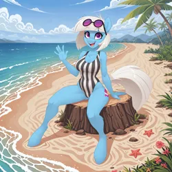 Size: 1024x1024 | Tagged: safe, ai content, machine learning generated, prompter:teaspoon, photo finish, anthro, earth pony, unguligrade anthro, g4, beach, breasts, chest fluff, cleavage, cleavage fluff, clothes, female, image, looking at you, ocean, open mouth, open smile, png, sitting, smiling, solo, striped swimsuit, sunglasses on head, swimsuit, wave