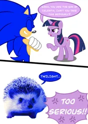 Size: 2480x3508 | Tagged: safe, artist:phantomsavior616, derpibooru import, twilight sparkle, anthro, hedgehog, pony, unicorn, g4, 2 panel comic, animal, comic, crossed arms, fanfic art, female, high res, image, irl animal, male, mare, meme, mobian, png, simple background, sonic the hedgehog, sonic the hedgehog (series), speech bubble, too serious, unicorn twilight, white background