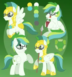 Size: 1959x2083 | Tagged: safe, artist:wildrose_, derpibooru import, oc, oc:shell watch, pegasus, armor, chocolate, cutie mark, flying, food, glasses, green background, green eyes, hot chocolate, image, png, reference sheet, royal guard, simple background, smiling, spear, weapon