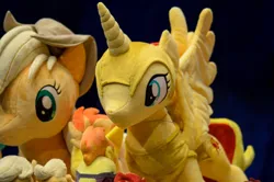 Size: 4928x3264 | Tagged: safe, derpibooru import, applejack, sunset shimmer, alicorn, g4, 2015, alicornified, galacon, image, irl, jpeg, photo, plushie, race swap, shimmercorn