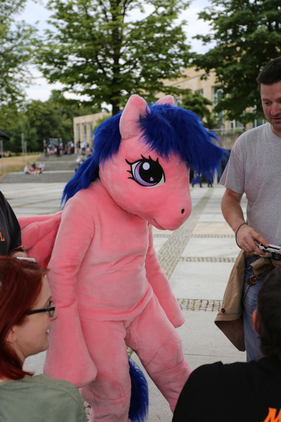 Size: 1824x2736 | Tagged: safe, artist:atalonthedeer, derpibooru import, firefly, human, g1, 2015, fursuit, galacon, image, irl, irl human, jpeg, outdoors, photo, ponysuit